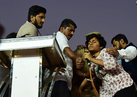 Amulya, an activist shocks the country with pro-Pakistan slogans at a protest against CAA at Freedom Park on Thursday in Bengaluru. (Photo| Vinod Kumar T, EPS)