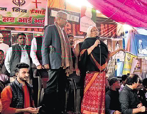 Supreme Court-appointed interlocutors advocates Sanjay Hedge and Sadhana Ramachandran at Shaheen Bagh in New Delhi on Thursday | Parveen Negi
