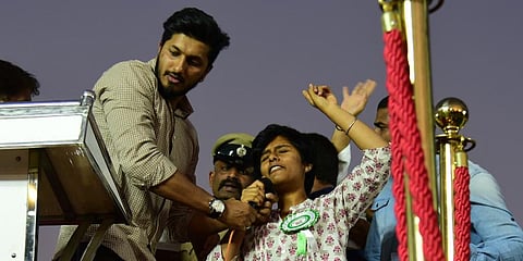 Amulya allegedly shouted pro-Pakistan slogans at a protest meet against CAA at Freedom Park on Thursday in Bengaluru. (Photo | Vinod Kumar T, EPS)