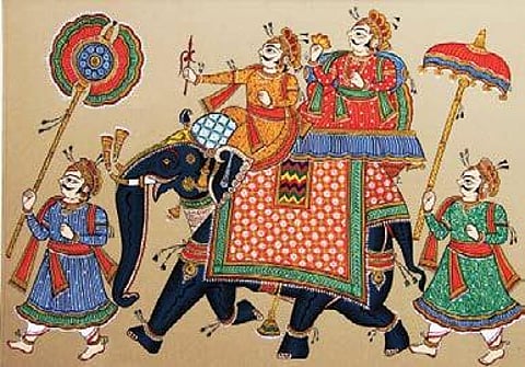 Phad artist Prakash Joshi makes a painting at MCRHRD Institute at Jubilee Hills on Saturday (Photo | Sathya Keerthi, EPS)