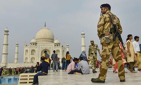 CISF personnel patrol in the premises of Taj Mahal ahead of US President Donald Trump s maiden visit to India in Agra Saturday Feb 22 2020. (Photo | PTI)