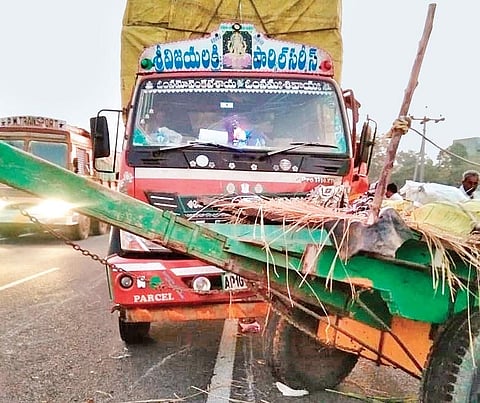 A truck hit a bullock cart on National Highway 16 at Timmapuram village of Edlapadu mandal in Guntur district on Friday. (Photo | EPS)