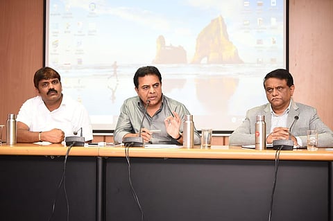 IT Minister KT Rama Rao flanked by MAUD Principal Secretary Arvind Kumar and Mayor Bonthu Rammohan at a review meeting in Hyderabad on Saturday. (Photo| EPS)
