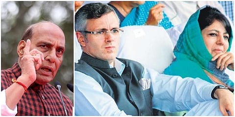 Defence Minister Rajnath Singh (L) and former J&K chief ministers Omar Abdullah and Mehbooba Mufti. (File photo| EPS and PTI)