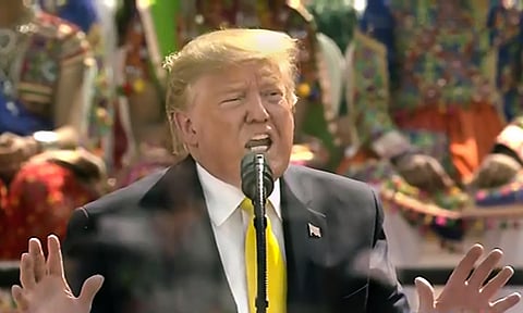 US President Donald Trump addresses the 'Namaste Trump' event at Motera Stadium. (Photo | PTI)