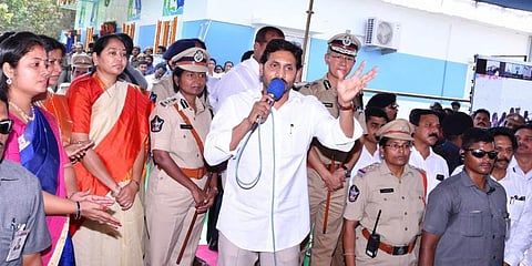 Andhra Pradesh CM YS Jagan Mohan Reddy launching Disha police station in Vizianagaram along with other female ministers. (Photo| EPS)
