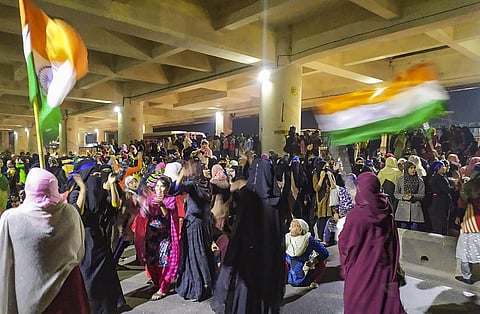 Muslim women during a dharna against CAA, NRC and NPR near Jafrabaad metro station in New Delhi Saturday Feb. 22 2020. (Photo | PTI)