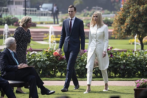 White House Senior Adviser Jared Kushner and his wife Ivanka Trump, the daughter and assistant to President Donald Trump, arrive for a news conference with President Donald Trump and Indian Prime Minister Narendra Modi at Hyderabad House, Tuesday, Feb. 25