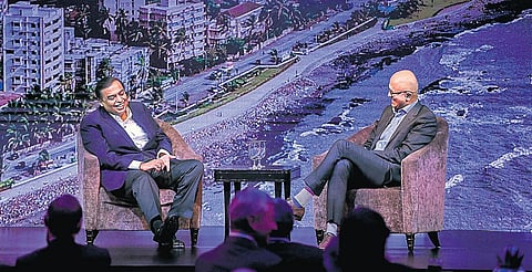 RIL chairman Mukesh Ambani and Microsoft CEO Satya Nadella (R) at the Microsoft CEO Summit in Mumbai. (Photo | PTI)
