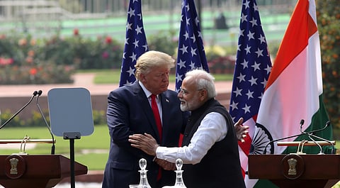 Prime Minister Narendra Modi hugs US President Donald Trump after their joint press statement at the Hyderabad House in New Delhi on Tuesday Feb. 25 2020. (Photo | Shekhar Yadav/EPS)