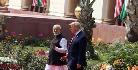U.S. President Donald Trump and Indian Prime Minister Narendra Modi arrive for a joint press statement at the Hyderabad House in New Delhi on Tuesday Feb. 25 2020. (Photo | Shekhar Yadav/EPS)