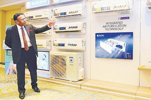Blue Star MD B Thiagarajan explaining the features of the new line of inverter ACs during a press meet in the city on Tuesday