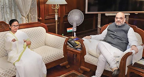 Home Minister Amit Shah during a meeting with West Bengal CM Mamata Banerjee in New Delhi. (File | PTI)