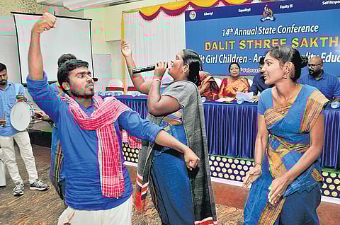 Artistes perform during the 14th annual conference of Dalit Sthree Sakthi in Vijayawada on Tuesday. (Photo | EPS/Prasant Madugula)