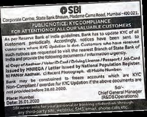 The SBI advertisement published recently regarding KYC updation.