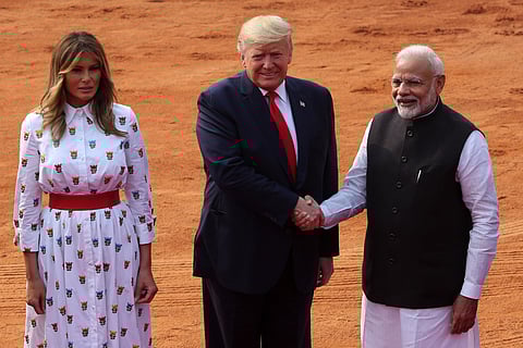 Prime minister Narendra Modi shakes hand with US President Donald Trump and US First Lady Melania Trump during the ceremonial welcome at Rashtrapati Bhavan in New Delhi Tuesday Feb. 25 2020. (Photo | Shekhar Yadav/EPS)
