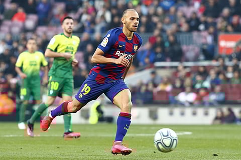 Barcelona's new signing Martin Braithwaite runs with the ball during a Spanish La Liga soccer match between Barcelona and Eibar at the Camp Nou stadium in Barcelona, Spain, Saturday Feb. 22, 2020. (Photo | AP)