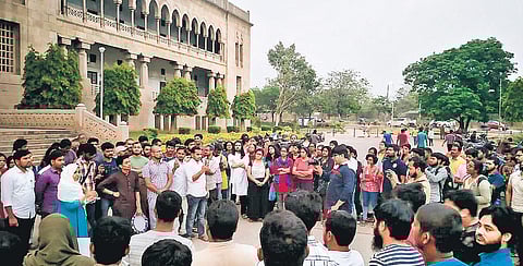 EFLU and Osmania University students stage a joint protest at Osmania Arts College on Thursday