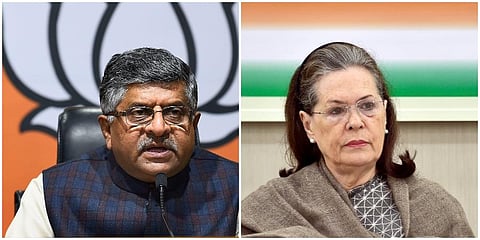 Law Minister Ravi Shankar Prasad (L) and Sonia Gandhi. (Photo| PTI)