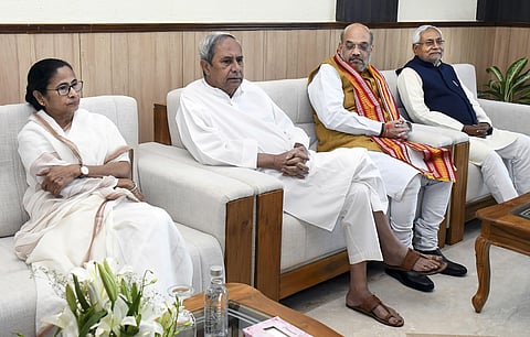 West Bengal Chief Minister Mamata Banerjee, Odisha Chief Minister Naveen Patnaik, Home Minister Amit Shah and Bihar Chief Minister Nitish Kumar during 24th Eastern Zonal Council meeting, in Bhubaneswar, Friday, Feb. 28, 2020. (Photo | PTI)