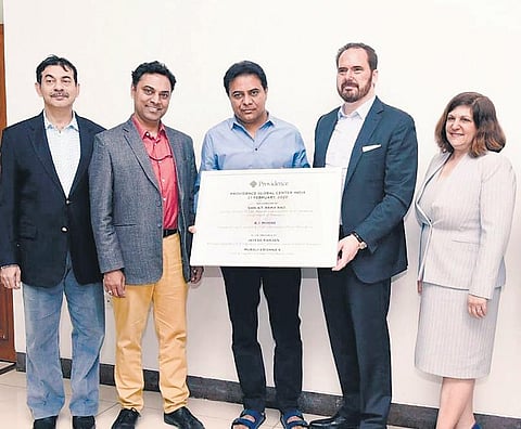 IT Minister KT Rama Rao with Principal Secretary Jayesh Ranjan, CIO of Providence B J Moore and other representatives of Providence on Thursday