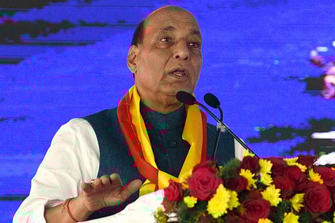 Union Defence Minister Rajnath Singh speaks at the inauguration of Kannada Nada Habba at Hindustan Aeronautics Limited complex on Thursday | Nagaraja Gadekal