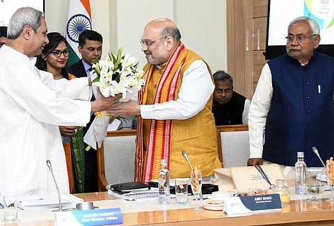 Chief Minister Naveen Patnaik welcoming Union Home Minister Amit Shah at EZC meeting in Bhubaneswar on Friday | Express
