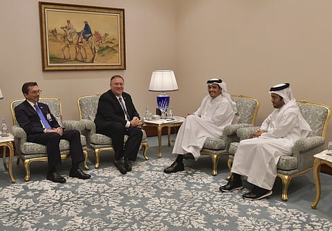 U.S. Secretary of State Mike Pompeo, second left, meets with Qatar's Foreign Minister Sheikh Mohammed bin Abdulrahman Al Thani, third left, before a peace signing ceremony between the U.S. and the Taliban in Doha. (Photo | AP)
