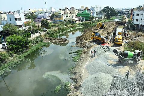 Construction of a retention wall underway. (Photo | Ashwin Prasath, EPS)