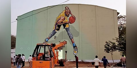 The 40-feet painting of Kobe Bryant at the indoor basketball stadium at Pavilion Grounds in Khammam