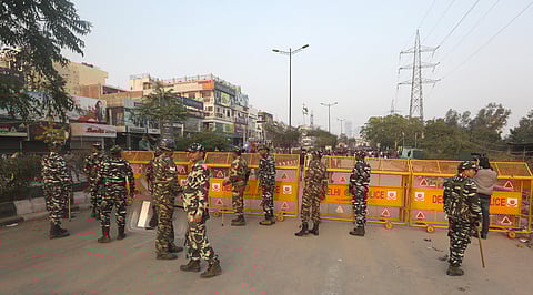 CRPF personnal stand at the spot where an unidentified person allegedly opened fire in the Shaheen Bagh area of New Delhi on Saturday February 1 2020. (Photo | Shekhar Yadav/EPS)