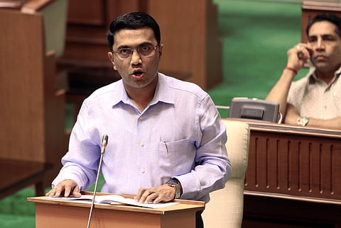 Goa CM Pramod Sawant presents the Annual Financial Statement of the State (Budget) at the Legislative Assembly. (Photo| ANI)