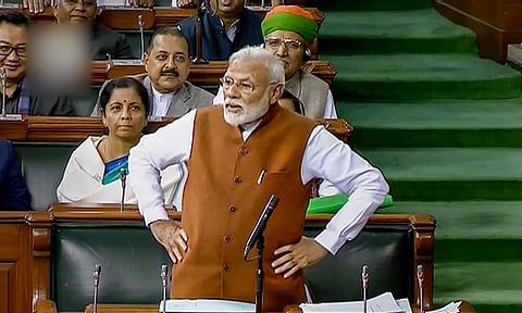 PM Narendra Modi speaks in the Lok Sabha, during the ongoing Budget Session of Parliament. (Photo| LSTV via PTI)