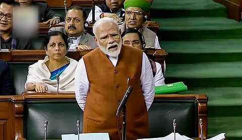 PM Narendra Modi speaks in the Lok Sabha, during the ongoing Budget Session of Parliament. (Photo| LSTV via PTI)