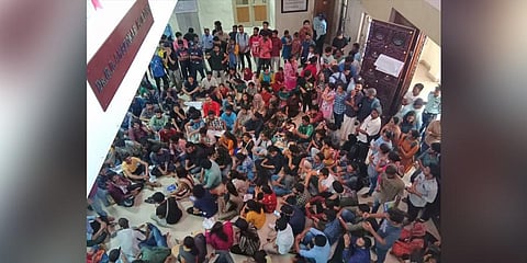 Students protest against the fee hike in Puducherry University on Thursday. (Photo |Express)