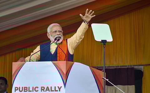 Prime Minister Narendra Modi addresses a public rally during an event to celebrate the signing of the Bodo agreement in Kokrajhar Friday Feb. 7 2020. (Photo | PTI)