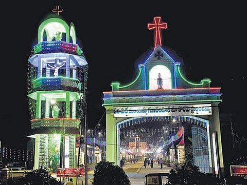 Mary Matha shrine at Gunadala illuminated with colourful lights on Thursday. I P Ravindra Babu
