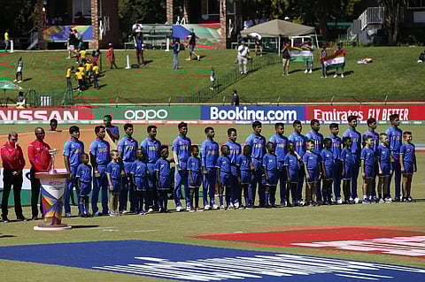 The India cricket team sing their national anthem before the start of the ICC Under-19 World Cup cricket finals between India and Bangladesh. (Photo | AFP)