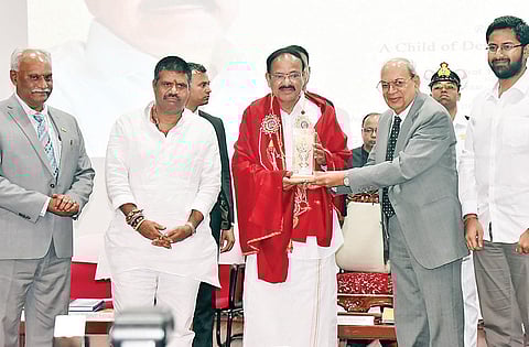 GITAM Deemed to be University president Sri Bharat and chancellor Koneru Ramakrishna Rao felicitating Vice-President Venkaiah Naidu at an event at the varsity in Visakhapatnam on Saturday | EXPRESS