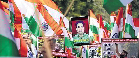Army veterans at the march took to the stage and spoke about how the violence seemed meticulously planned. (Photo | Shekhar Yadav, EPS)