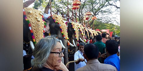 Arlette Corlotti from Southern France enjoying the Manapully temple vela in Palakkad | express