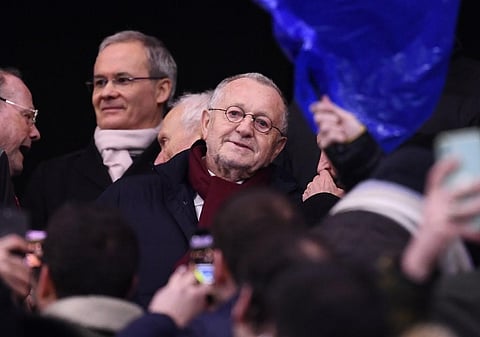 Lyon's president Jean-Michel Aulas (C) attends the UEFA Champions League round of 16 first-leg football match. (Photo | AFP)