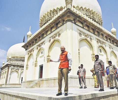 The US Ambassador to India, Kenneth I. Juster, takes a look at the restored tombs of Taramati and Premamati at Qutb Shahi tombs complex in Hyderabad on Tuesday | VINAY MADAPU