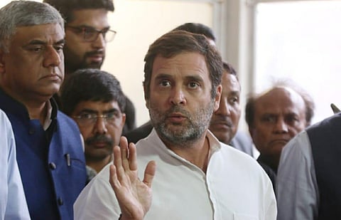 Congress leader Rahul Gandhi addresses the media outside the Parliament house in New Delhi on Thursday. (Photo | EPS/Shekhar Yadav)