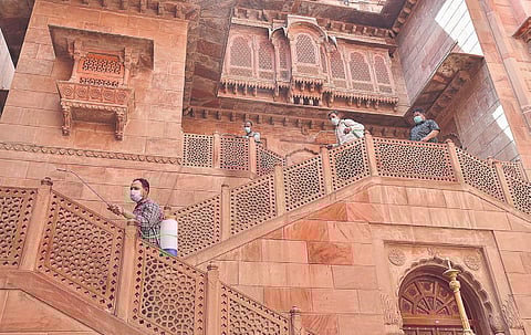 A medical team sanitizes the Junagarh Fort in Bikaner on Thursday | Pti