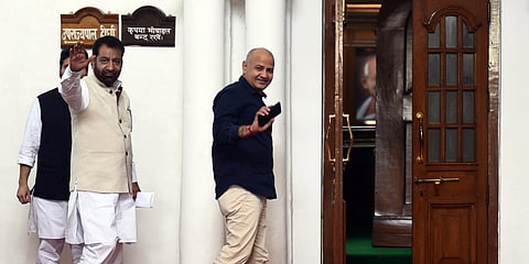 Dy CM Manish Sisodia and pro-tem Speaker of the Delhi Assembly Shoaib Iqbal arrive for a special session Vidhan Sabha in New Delhi on Friday. (Photo| Parveen Negi, EPS)