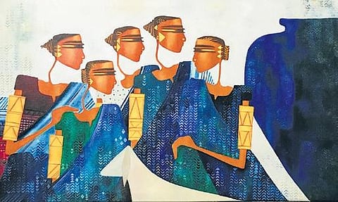 Two examples of artist Bharti Prajapati’s oil-on-canvas paintings