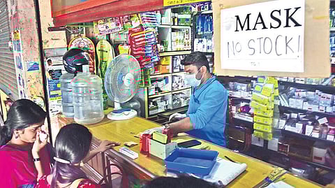In the wake of the COVID-19 scare, hand sanitisers and face masks are flying off the shelves. A medical store at the municipal bus stand in Pathanamthitta has put up a ‘Mask no stock’ board to deter customers from asking for the same | Shaji Vettipuram