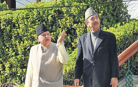National Conference patron Farooq Abdullah and senior Congress leader GhulamNabi Azad come out after a meeting in Srinagar on Saturday. (Photo | ZAHOOR PUNJABI)