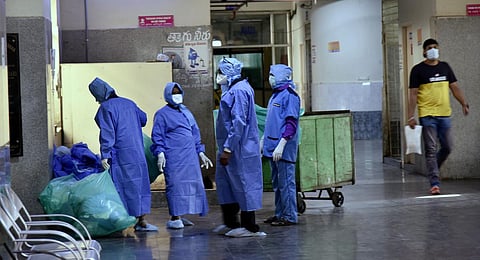 Isolation ward staff at Gandhi Hospital dressed in protective suits. (Photo | Vinay Madapu, EPS)